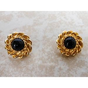 Vintage Gold Tone Black Cabochon Round Button Stud Earrings